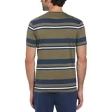 Remera de hombre a rayas horizontales color verde oliva, azul marino y blanco.