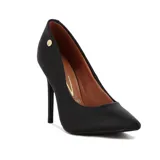 Zapato de tacón alto Vizzano, color negro, con punta fina y acabado mate. Presenta un pequeño dije dorado en el lateral exterior.