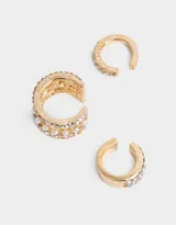 Set de tres aros cuff dorados para la oreja, con apliques de strass y perlas.