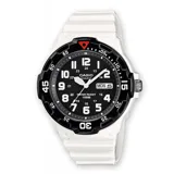 Reloj Casio MRW200HC-7BVDF unisex con caja y correa de resina blanca, esfera negra con números arábigos blancos y detalles en rojo, bisel giratorio negro con indicadores blancos y rojos, cristal de resina, movimiento de cuarzo, calendario con día y fecha, y resistencia al agua de 100 metros.