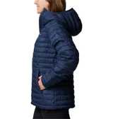 Campera puffer Columbia Silver Falls II Hood para mujer, color azul marino, con capucha y cierre frontal. Cuenta con tecnología Omni-Shield que repele la humedad y Thermarator que mantiene el calor.