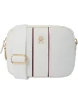 Bandolera blanca de nailon con correa de tela ajustable y extraíble. Tiene cierre de cremallera, bolsillo interior y exterior con cremallera, y el logo TH en dorado en el frente.