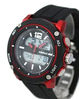 Reloj Mistral deportivo con correa de silicona negra y caja roja.