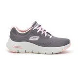 Championes deportivos Skechers Arch Fit Sunny Outlook, color gris con detalles en rosa. Capellada de malla knit, cordones frontales, plantilla Arch Fit removible con soporte en el arco plantar y suela con tracción flexible.