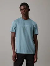 Remera celeste de algodón con cuello redondo y mangas cortas. Presenta un logo de Calvin Klein estampado en el pecho.