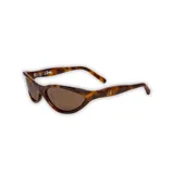 Lentes de sol envolventes color carey con lentes marrones polarizadas. El armazón es de acetato pulido y tiene el logo de la marca en las patillas.