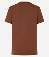 Remera celeste de media malla con cuello redondo y mangas cortas dobladas.