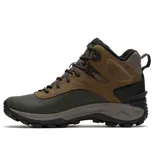 Bota de trekking Merrell Thermo Kiruna 2 Mid Waterproof para hombre, color marrón y verde. Confeccionada en cuero impermeable, con aislamiento PrimaLoft® Gold Eco Series de 400 gramos y suela de goma adherente Merrell diseñada para el invierno.