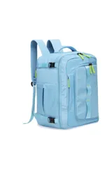 Mochila de viaje color celeste con detalles en verde flúor. Tiene múltiples compartimentos con cierre, correas ajustables para los hombros y asa superior.