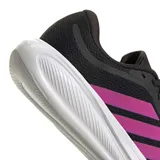 Championes de running Adidas Response Runner 2, color negro con tres franjas laterales en fucsia vibrante y entresuela blanca gruesa.