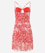 Vestido corto en tul con estampa étnica, drapeado delantero y escote gota.