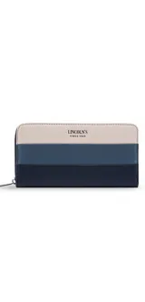 Billetera rectangular con cierre de cremallera, confeccionada en símil cuero con franjas horizontales en tonos blanco, gris y negro.