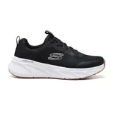 Championes deportivos Skechers Edgeride Rekze, color negro con logo blanco, entresuela blanca con tecnología Edgeride y suela marrón. Fabricados con materiales veganos y contenido reciclado.