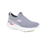 Championes deportivos Skechers GO RUN Lite Aurora Sky, sin cordones, color gris con detalles en rosa. Capellada de malla transpirable de materiales reciclados, plantilla Air-Cooled Goga Mat y media suela con amortiguación ligera ULTRA GO.