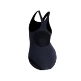 Malla enteriza Speedo con estampado digital de líneas verticales en tonos azul, celeste y rosa. Espalda deportiva con tirantes cruzados y logo de la marca en el lateral.