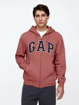 Canguro con cierre y capucha, color ladrillo, con logo GAP estampado en el frente.