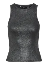 Musculosa negra de tejido de punto acanalado con foil plateado.