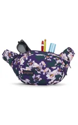 Riñonera JanSport Fifth Avenue negra con estampado de rayos blancos.