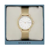 Reloj Skagen Signature con caja dorada de 30mm y esfera blanca. La correa es de malla metálica dorada de acero inoxidable. Resistencia al agua de 3 ATM.