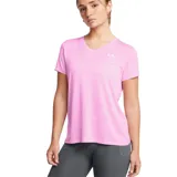 Remera deportiva Under Armour Tech para mujer, color rosa claro, con cuello en V y logo estampado en el pecho. Confeccionada en tejido UA Tech de secado rápido y corte holgado.
