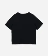 Remera negra de algodón con cuello redondo, mangas cortas y bordado de mariposa con aplicación de strass.