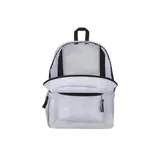 Mochila Jansport Cross Town unisex con estampado de símbolos de la paz en tonos grises. Cuenta con un compartimento principal con funda interna para portátil, bolsillo frontal con organizador, tirantes rectos y panel trasero acolchado, funda lateral de malla para botella de agua y asa de transporte.