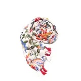 Pashmina de gasa sintética liviana con estampado floral multicolor y terminación en flecos con borlas rojas.