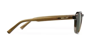 Lentes de sol con armazón geométrico color mostaza y lentes verdes polarizadas.