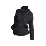 Campera polar negra de waffle fleece con cierre frontal completo, cuello alto, bolsillos inferiores con cierre y bolsillo de seguridad en el brazo con cierre.