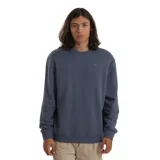 Buzo azul de corte clásico con cuello redondo y logo pequeño bordado en el pecho.