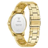 Reloj analógico Guess Annette para mujer, con caja redonda de 36mm y correa de eslabones de acero inoxidable en tono dorado. La esfera dorada presenta un fondo texturizado con el logo 'G' de Guess en relieve y marcadores de hora en forma de puntos y cristales incrustados en la parte superior e inferior del bisel.
