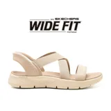 Sandalias Skechers Hands Free Slip-ins Go Walk Flex, color beige, con tiras elásticas cruzadas y plantilla Goga Mat contorneada.
