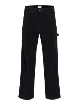 Pantalón de pana negro, corte recto, con bolsillos traseros y frontales, cierre con cremallera y trabilla para martillo.
