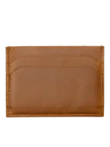 Tarjetero de cuero color marrón con múltiples ranuras para tarjetas y logo de la marca grabado en el frente.