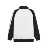 Campera deportiva Puma T7 Relaxed Wing Collar, color blanco con mangas negras y logo bordado en el pecho.