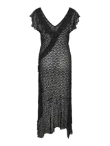 Vestido largo de encaje negro con escote en V y mangas cortas. Corte regular y textura elástica.