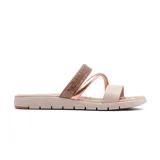 Sandalias bajas color beige con dos tiras en la parte delantera, una color beige y otra color oro rosa con brillos.