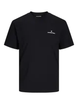 Camiseta negra de manga corta y cuello redondo con estampado en la espalda con el logo de Jack & Jones y texto con tipografía sans-serif.