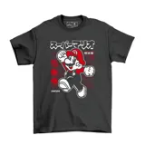 Remera negra de algodón con estampado de Super Mario en estilo retro.
