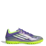 Championes de fútbol Adidas F50 Club para hombre, color púrpura con detalles en blanco y amarillo limón.