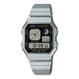 Reloj digital Casio Retro A130WE-1ADF con pantalla de estilo analógico, caja octogonal plateada y correa de acero inoxidable. Incluye funciones de resistencia al agua para uso diario, retroiluminación LED, cronómetro y alarma.