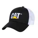 Gorro de béisbol negro con logo CAT bordado en blanco y amarillo.