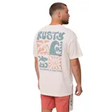 Remera manga corta color crema con estampa centrada en el pecho con el logo de la marca Rusty y la frase "Everywhere in the deep" en color celeste.