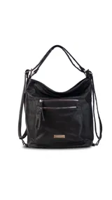 Cartera negra con opción de uso como mochila, con diseño práctico, bolsillo al frente y atrás para fácil acceso. División interna en el medio para organizar tus pertenencias, ideal para uso diario, compacta y funcional.