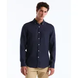 Camisa azul marino de lino con cuello abotonado, manga larga y bolsillo en el pecho.