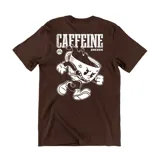 Remera marrón de algodón con estampa en la espalda de una taza de café con brazos y piernas, y el texto "Caffeine Emexem".