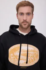 Hoodie negro con capucha y manga larga, de corte holgado y estampado ovalado en el pecho.