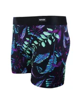 Bóxer de lycra premium con estampado de hojas en tonos verde, azul y violeta. Cintura elástica negra con logo Rufián en blanco.