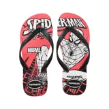Ojotas Havaianas rojas con estampado de Spiderman y su telaraña.