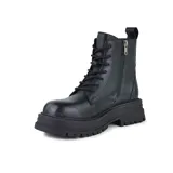 Bota negra de estilo casual con diseño resistente, cinta de ajuste y suela de goma antideslizante.